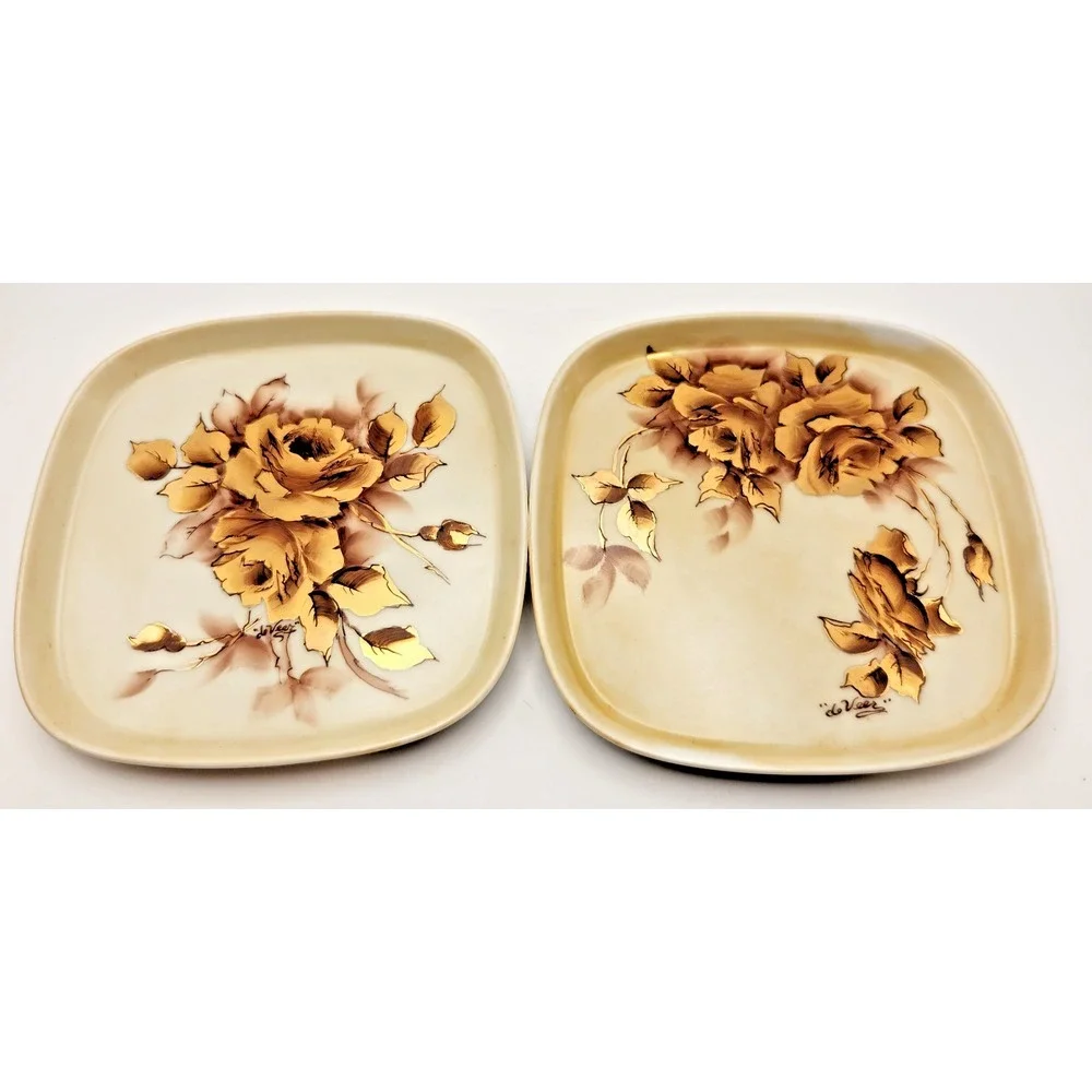 2 Signed Vintage Porcelain‎ Hand Painted Small Dishes with Roses & Gold Accents